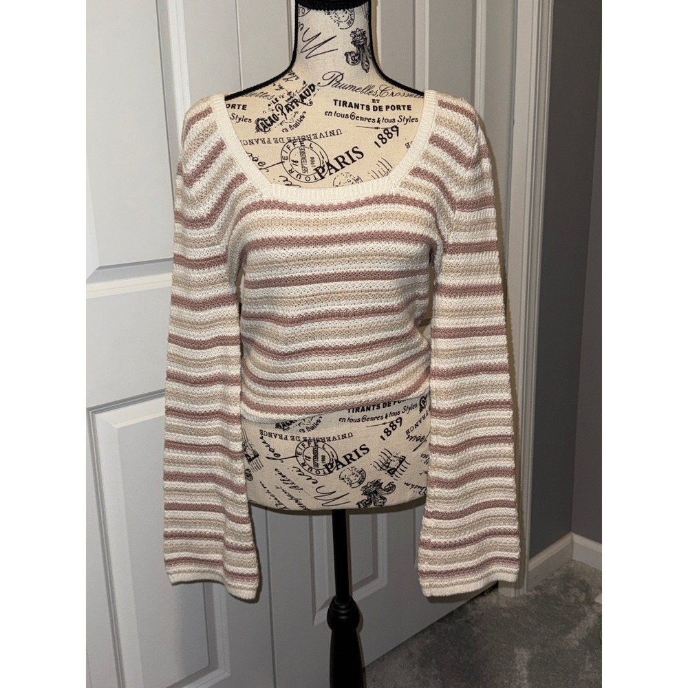 Hollister Womens Striped Crochet Knit Sweater Square Neck Bell Sleeve Tie Back L